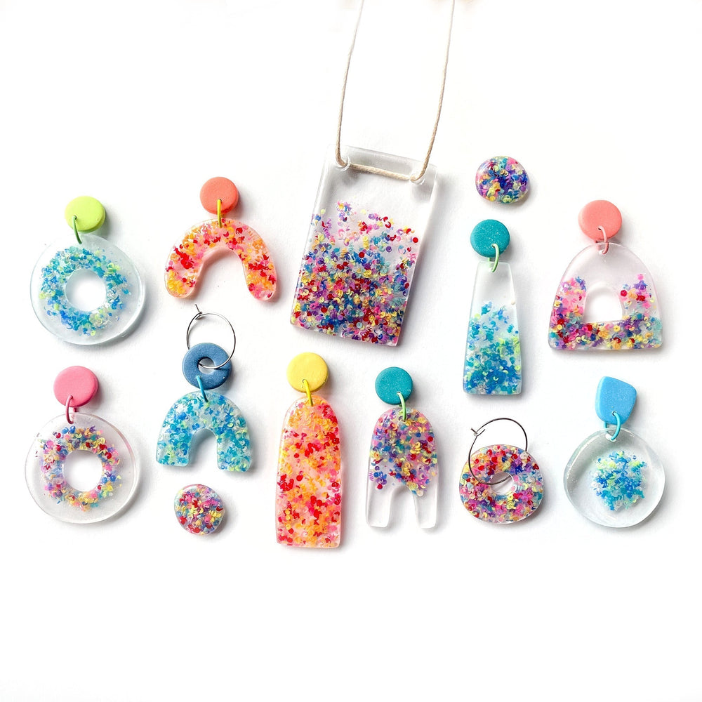 
            
                Load image into Gallery viewer, Rainbow Trapped Scraps GLOSS Mega Arch Earrings
            
        