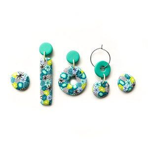 Teal Yellow Moulded Collage Circle Stud Earrings