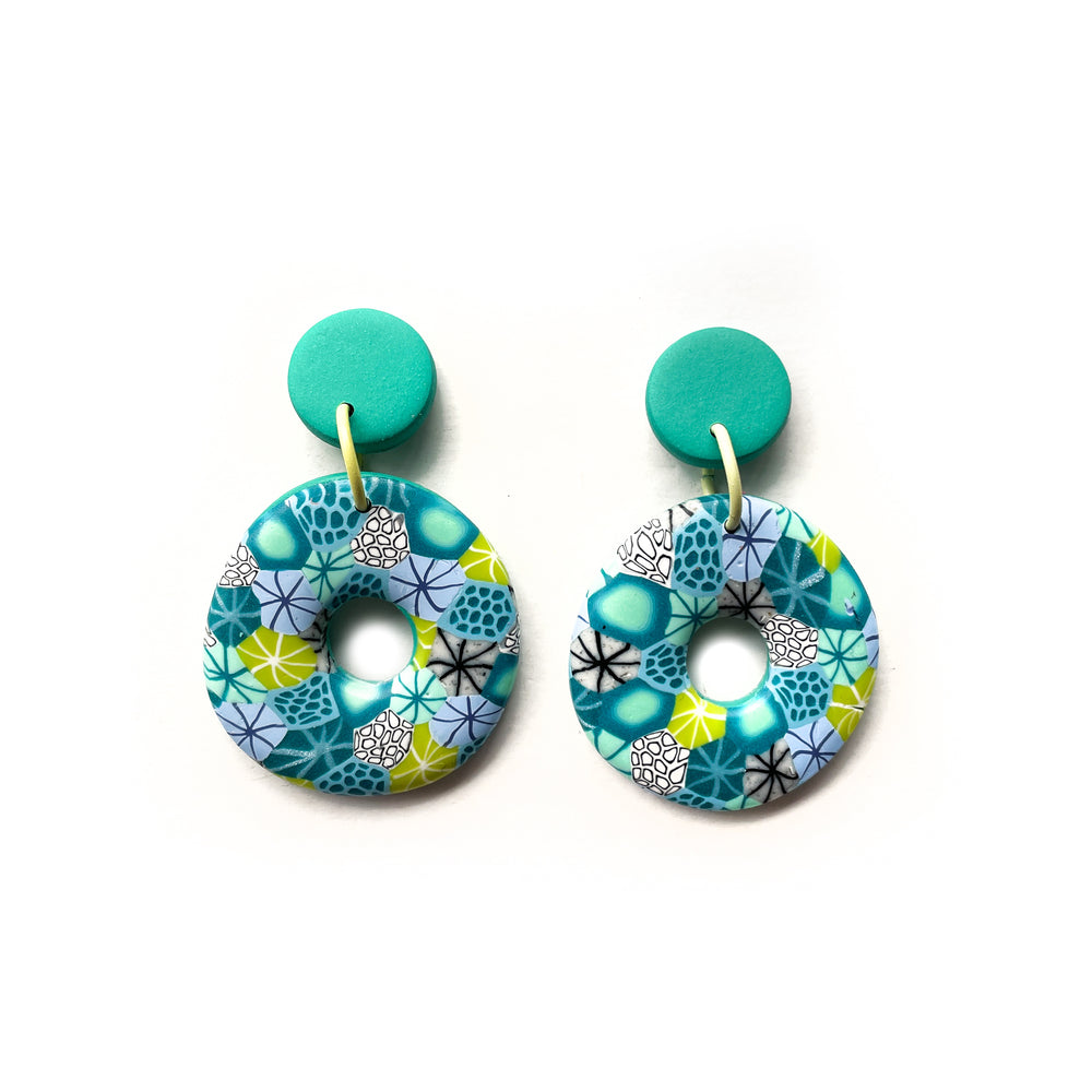 
            
                Load image into Gallery viewer, Teal Yellow Moulded Collage Donut Earrings
            
        