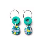 Teal Yellow Moulded Collage Circle Hoop Earrings
