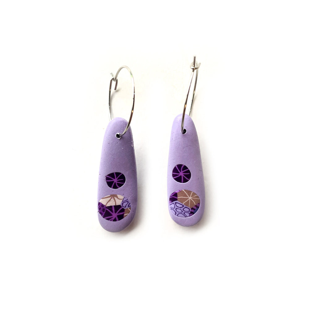 Purple Moulded Collage Teardrop Hoop Earrings