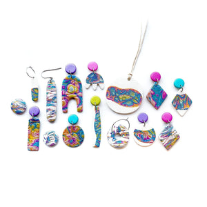 
            
                Load image into Gallery viewer, Rainbow Mokume Handcut Hook Earrings
            
        