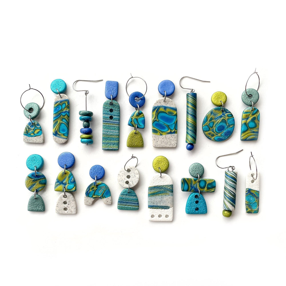 
            
                Load image into Gallery viewer, Blue Green Mokume Multi Drop Hoop Earrings
            
        